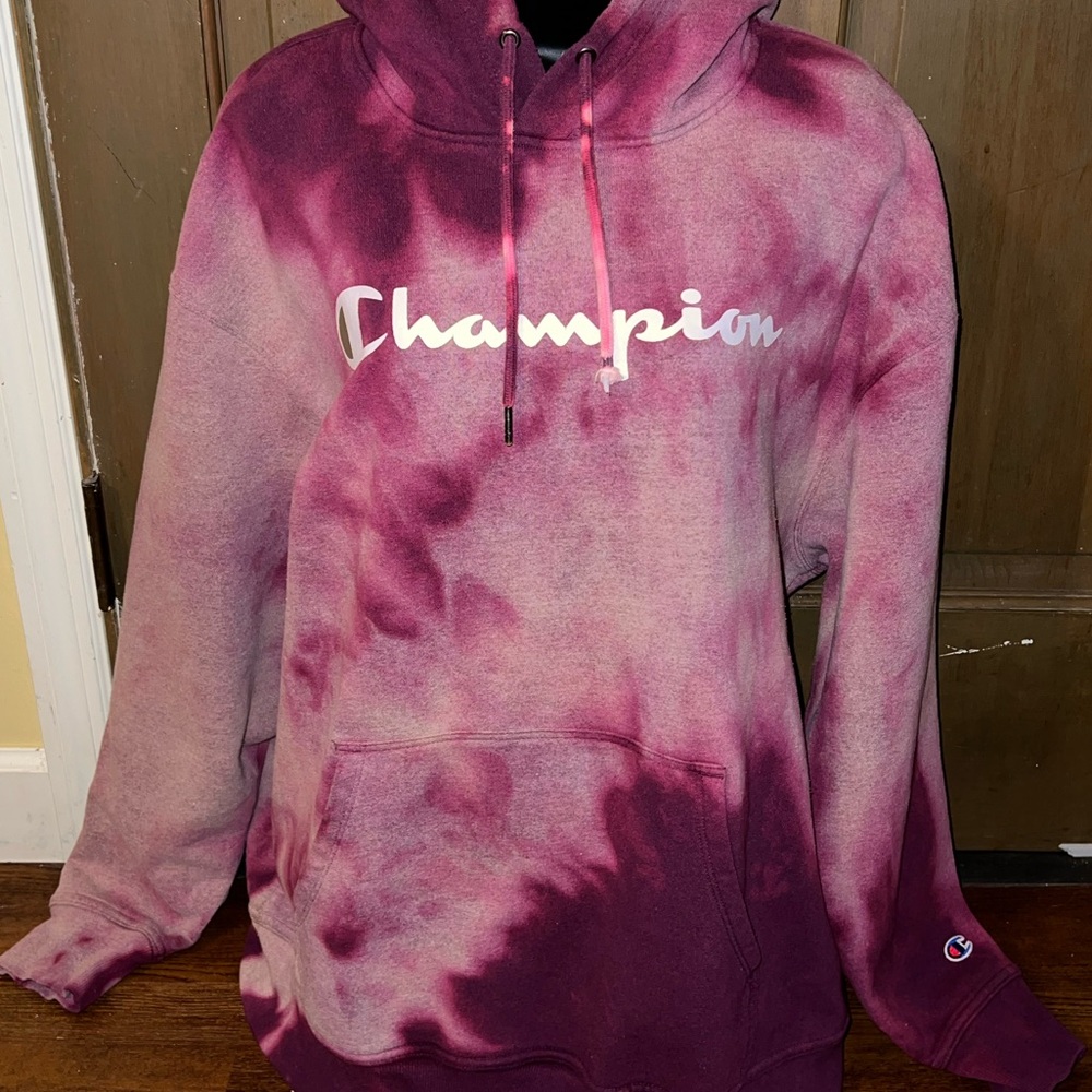 Champion Pink Gray Tie-Dye Logo Fleece Long Sleeve Cozy Pullover Hoodie Size 2XL - Picture 6 of 9